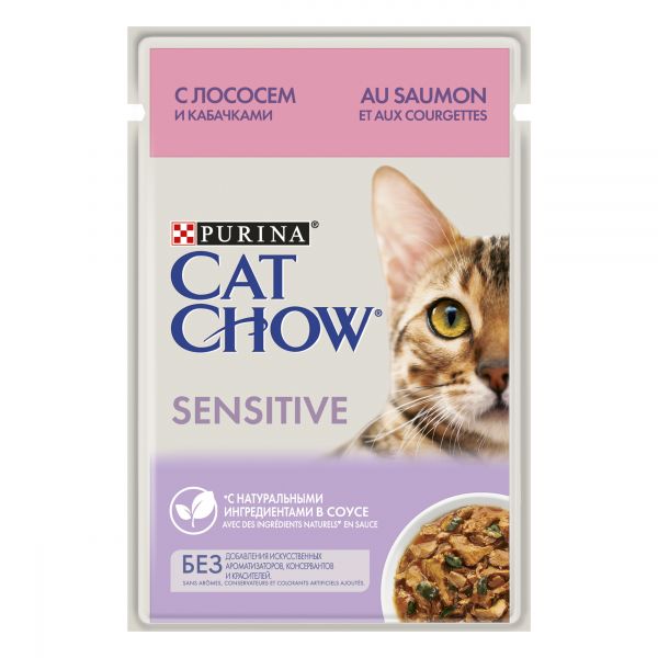 Cat Chow® Sensitive с лососем и кабачками в соусе, Пауч, 85 г