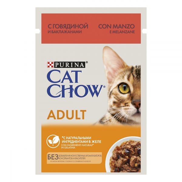 Cat Chow® Adult с говядиной и баклажанами в желе, Пауч, 85 г