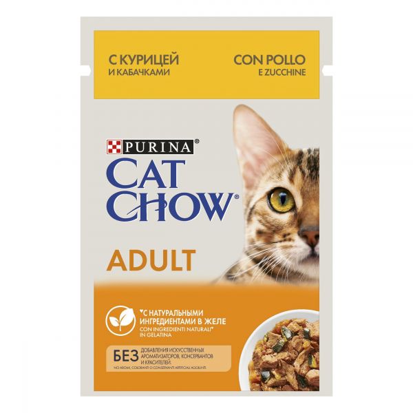 Cat Chow® Adult с курицей и кабачками в желе, Пауч, 85 г