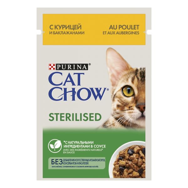 Cat Chow® Sterilised с курицей и баклажанами в соусе, Пауч, 85 г